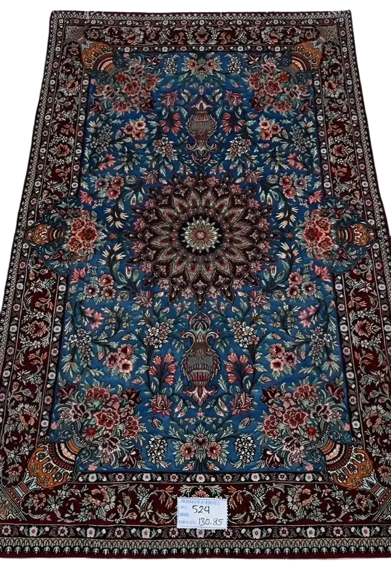 "Unique Isfahan rug handcrafted from wool and silk, featuring intricate Persian designs. This luxury rug measures approximately 130 cm x 85 cm (4.2 feet x 2.8 feet) with a knot density of 810,000 knots per square meter. The rug is new, made in Isfahan, Iran, and knotted by hand with a silk warp and wool-silk pile, making it a perfect addition to luxury home decor."